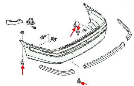 the scheme of fastening of the rear bumper Nissan Almera II N16 (2000-2008)